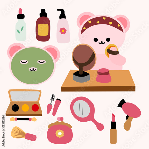 a cute pink bear with a lot of makeup on it