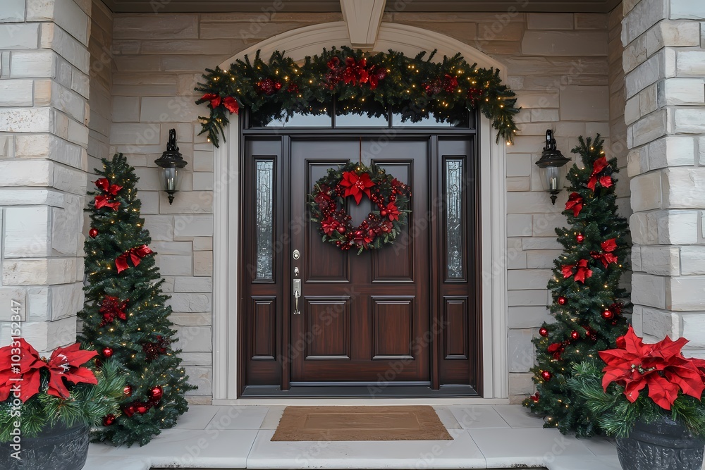 A photo of the front door with a decorated Christmas wreath and garland A photo of the front door with a decorated Christmas wreath and garland