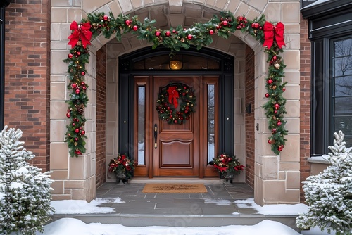 Christmas wreath and garland on the front door of a luxury home with snow