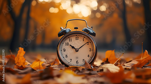 Retro alarm clock on the autumn background, concept of time passing and seasons changing