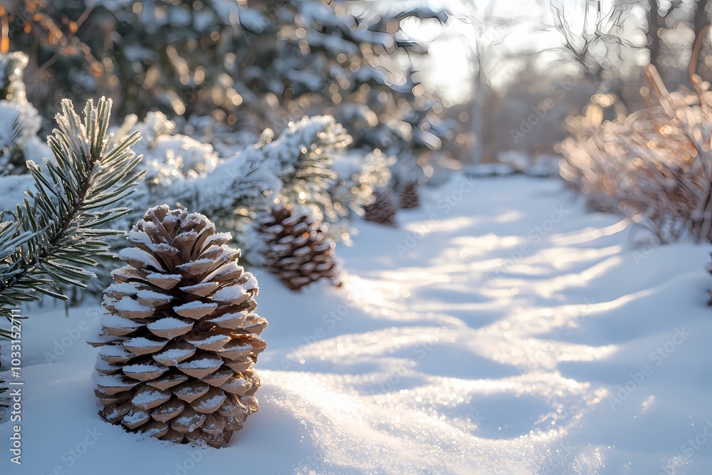 In the snowy winter, pine cones and snowflakes in various shapes cover an entire garden path