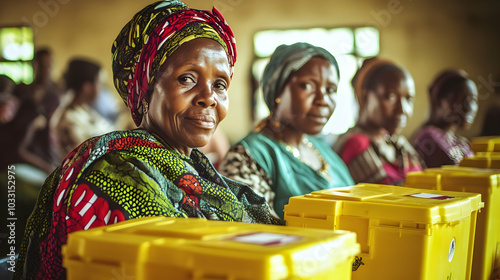 Women in traditional attire gathered around voting boxes, unity and civic engagement photo