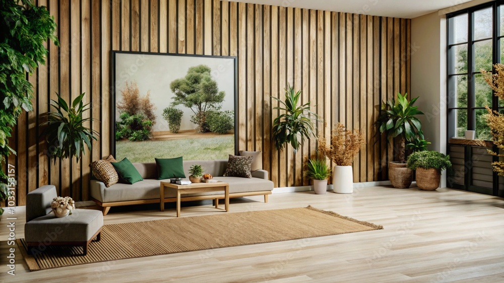 Fototapeta premium Modern living room interior with wooden wall panels, a large window, a grey sofa, green plants, and a rug.