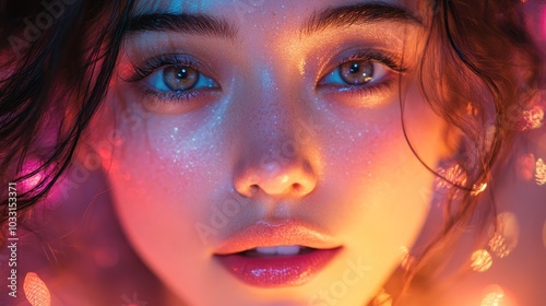 A close-up portrait of a woman with glowing skin and vibrant lighting effects.