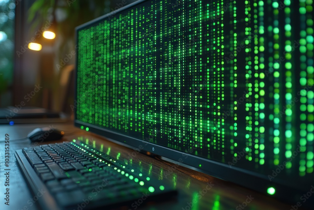 A computer setup displaying green matrix code on a large screen, suggesting a tech environment. A computer setup displaying green matrix code on a large screen, suggesting a tech environment.