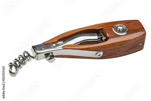 Stylish corkscrew with wooden handle, perfect for wine lovers to effortlessly open bottles in any elegant setting. photo