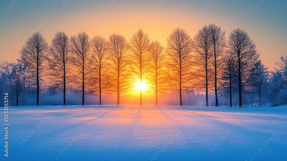 A beautiful winter background highlighting a silhouette of bare trees against a stunning sunset, casting warm colors over the snowy landscape, ideal for striking visuals. A beautiful winter background highlighting a silhouette of bare trees against a stunning sunset, casting warm colors over the snowy landscape, ideal for striking visuals.
