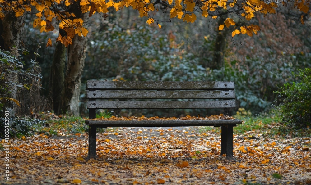 A wooden bench sits among autumn leaves. A wooden bench sits among autumn leaves.