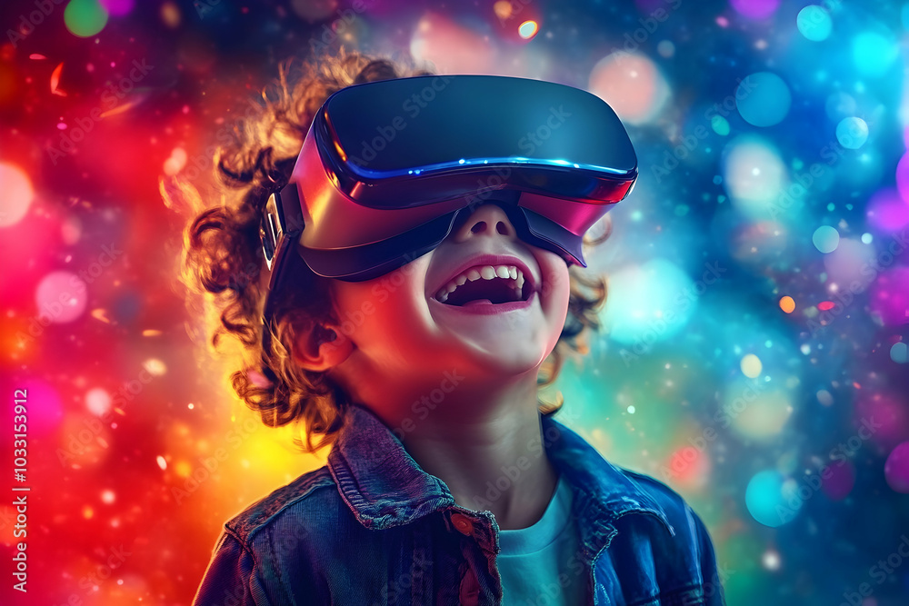 Child in VR goggles with vibrant lights, experiencing the wonder of virtual reality Child in VR goggles with vibrant lights, experiencing the wonder of virtual reality