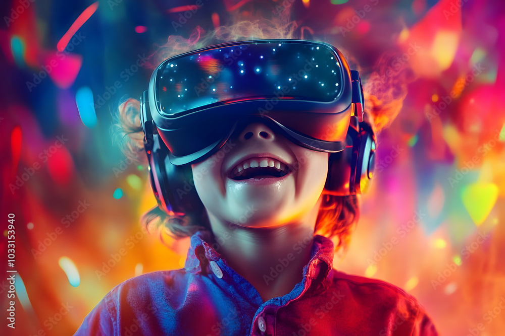 Child in VR goggles with vibrant lights, experiencing the wonder of virtual reality Child in VR goggles with vibrant lights, experiencing the wonder of virtual reality