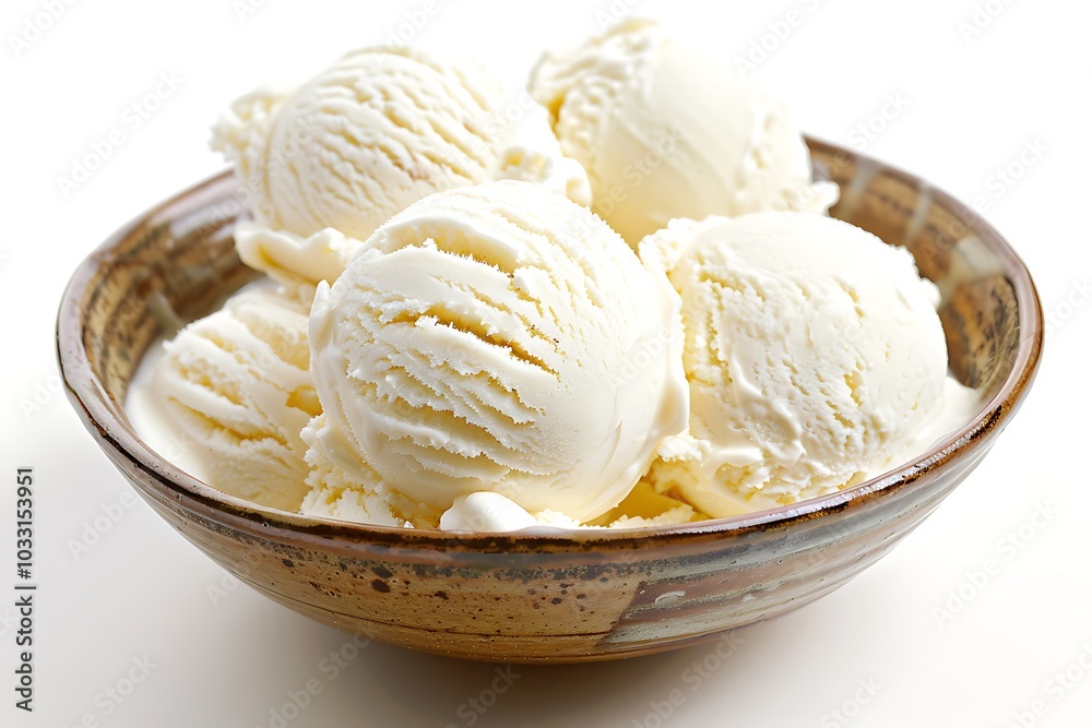 Scoops of vanilla ice cream in a bowl on a white background Scoops of vanilla ice cream in a bowl on a white background