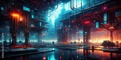 Panoramic View of an Evil Neural Network: Bad AI Concept Art for Tech Dystopia photo