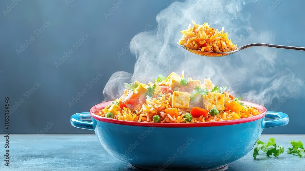 A close-up of a serving spoon lifting a generous portion of paneer biryani from a colorful pot, with steam rising and spices visible throughout.