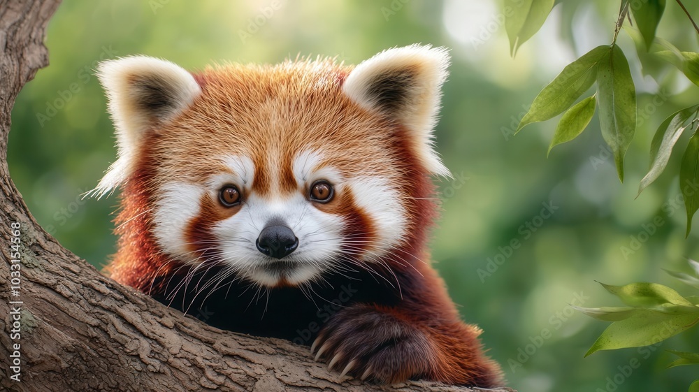 Detailed closeup of a red panda s face, with focus on its soft fur, cute nose, and bright eyes as it peers from a tree Detailed closeup of a red panda s face, with focus on its soft fur, cute nose, and bright eyes as it peers from a tree