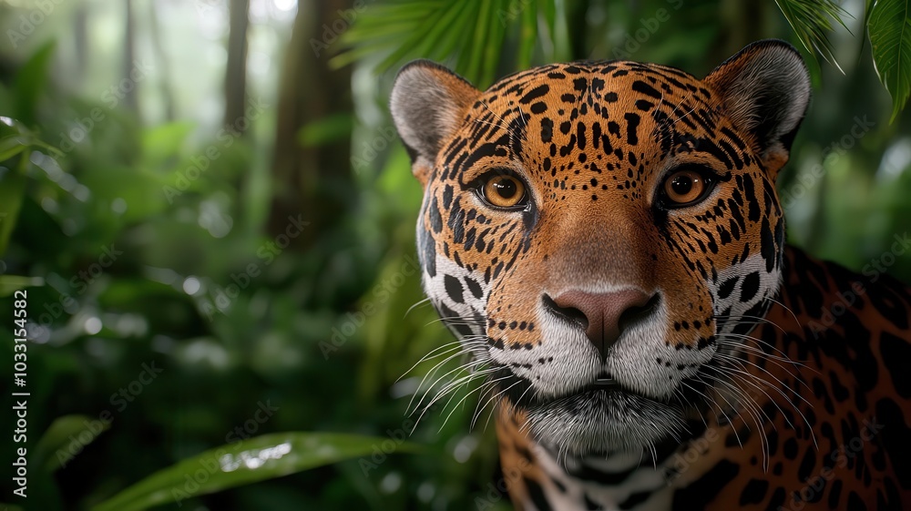 Detailed shot of a jaguar s face, highlighting its powerful jaw, sleek fur, and the intensity of its gaze in the forest Detailed shot of a jaguar s face, highlighting its powerful jaw, sleek fur, and the intensity of its gaze in the forest