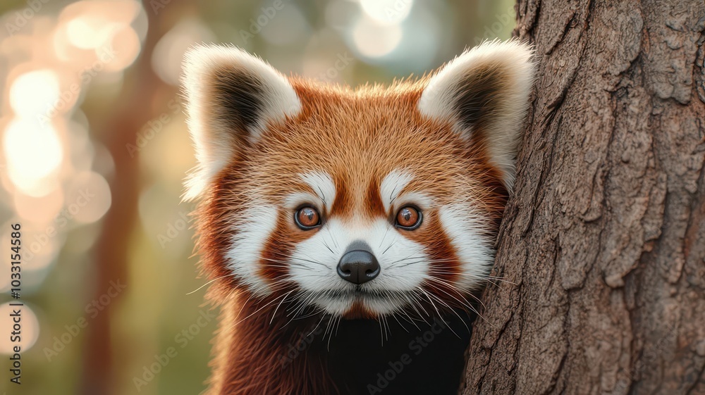 Detailed closeup of a red panda s face, with focus on its soft fur, cute nose, and bright eyes as it peers from a tree Detailed closeup of a red panda s face, with focus on its soft fur, cute nose, and bright eyes as it peers from a tree