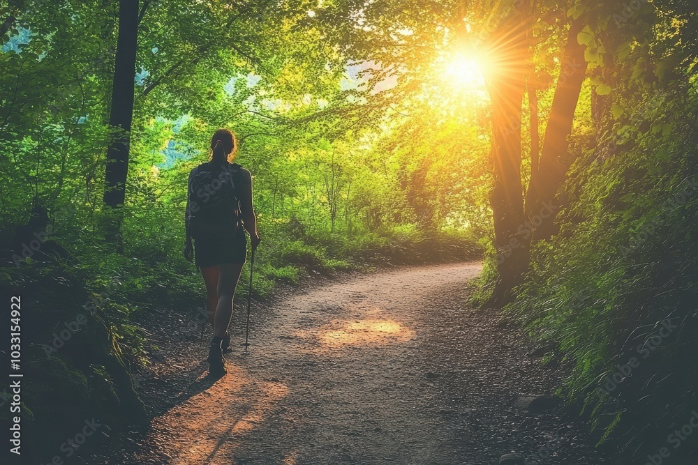 A scenic hiking trail through a lush green forest, a person with a backpack walking along the path