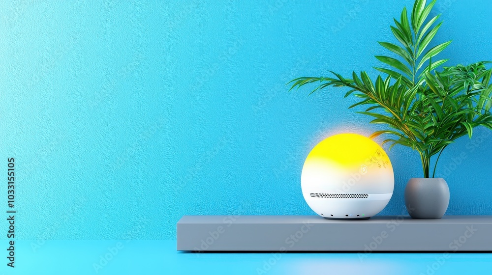 A glowing smart home hub device placed on a stylish gray shelf, creating a focal point that emphasizes modern technology in home decor. A glowing smart home hub device placed on a stylish gray shelf, creating a focal point that emphasizes modern technology in home decor.