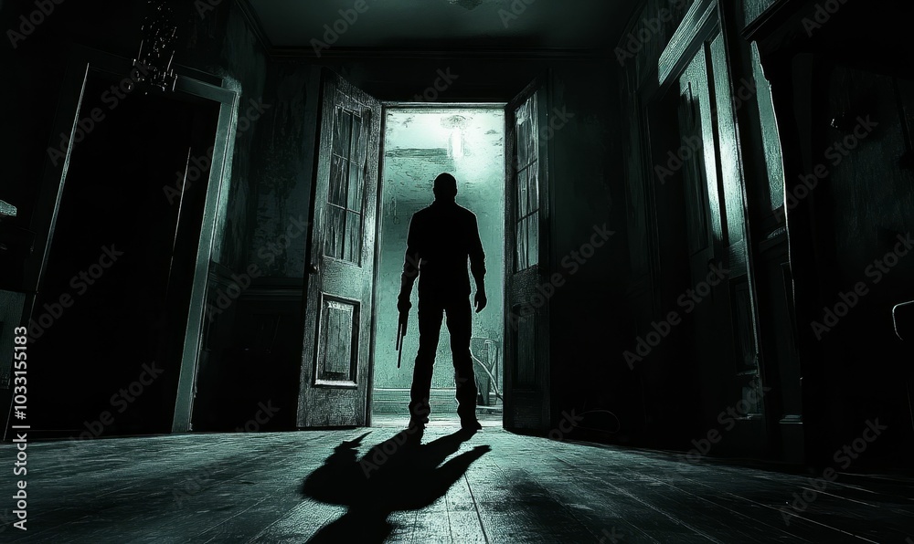 Silhouette of a man with a gun in a dark Silhouette of a man with a gun in a dark