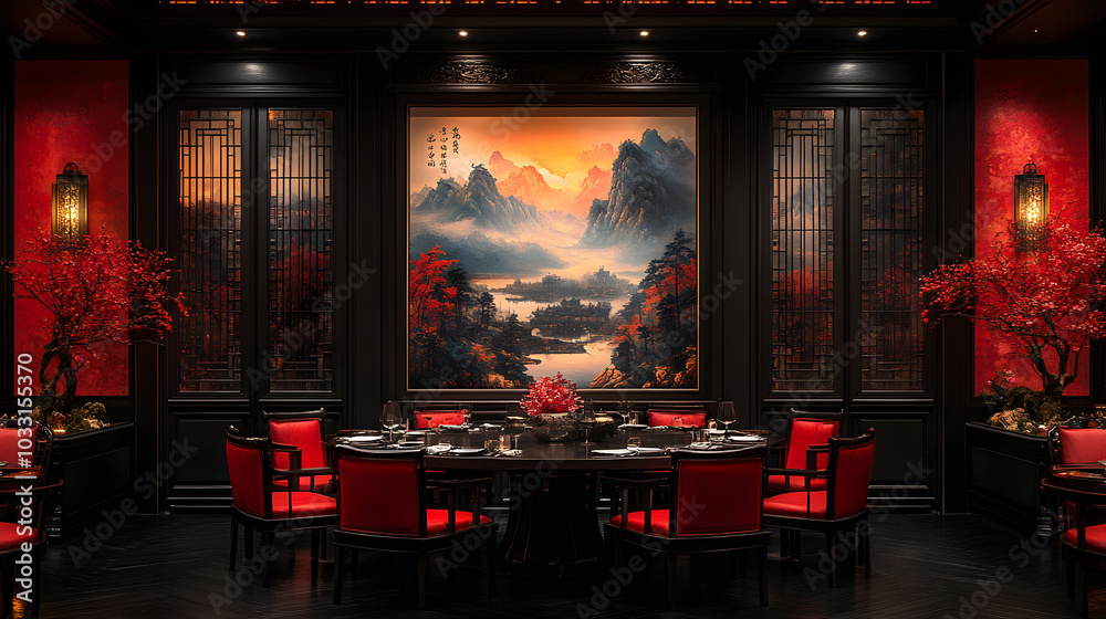 Elegant Chinese-style Dining Room Featuring a Black Round Table with Traditional Decor, Warm Lighting, and Delicate Artwork, Creating a Cozy and Inviting Atmosphere for Memorable Gatherings.
Elegant Chinese-style Dining Room Featuring a Black Round Table with Traditional Decor, Warm Lighting, and Delicate Artwork, Creating a Cozy and Inviting Atmosphere for Memorable Gatherings.