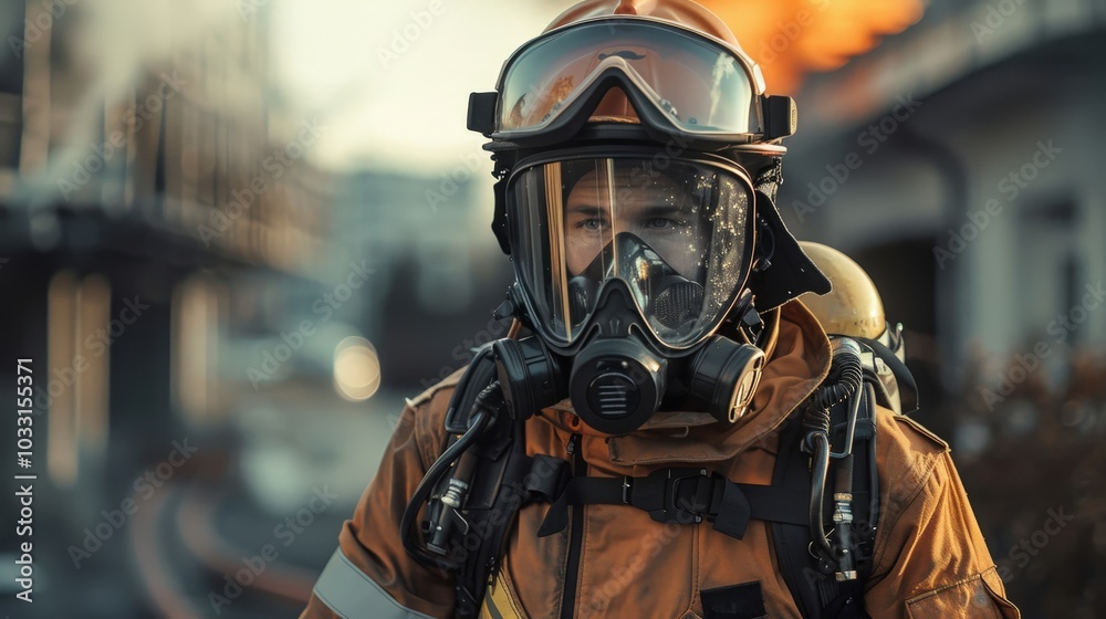 Courageous Firefighter Ready to Combat Flames in a Fiery Urban Setting with Intense Focus Courageous Firefighter Ready to Combat Flames in a Fiery Urban Setting with Intense Focus