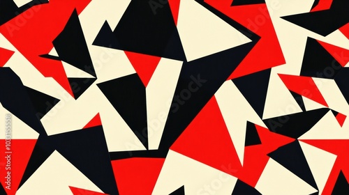 A seamless abstract geometric pattern with sharp triangles and bold contrasting colors like red, black, and white