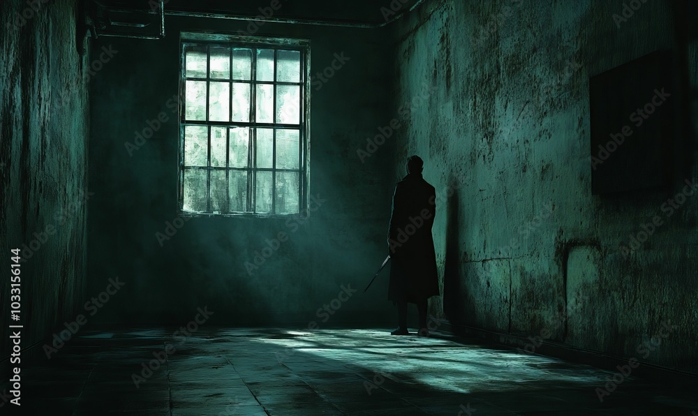 Silhouette of man standing in a dark room. Silhouette of man standing in a dark room.