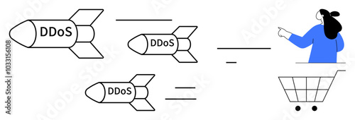 Missiles labeled DDoS targeting a woman in a shopping cart. Ideal for cybersecurity, online shopping, DDoS attacks, e-commerce protection, and internet security. Simple vector style
