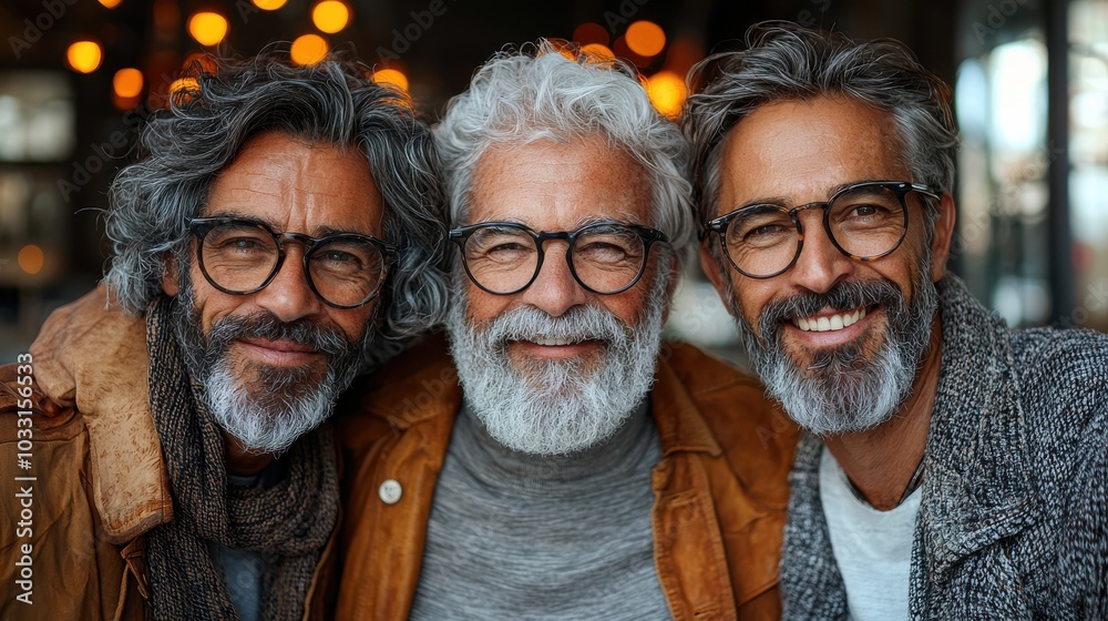 Three joyful older men smiling together indoors, surrounded by warm lighting during a social gathering Three joyful older men smiling together indoors, surrounded by warm lighting during a social gathering