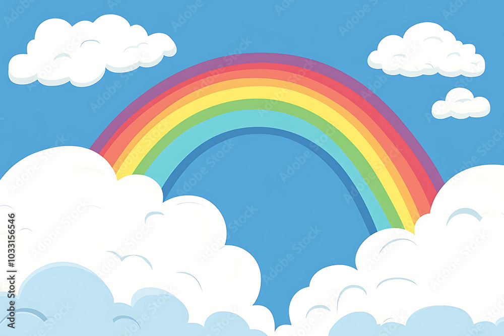 A colorful rainbow arcs over fluffy white clouds against a bright blue sky. A colorful rainbow arcs over fluffy white clouds against a bright blue sky.