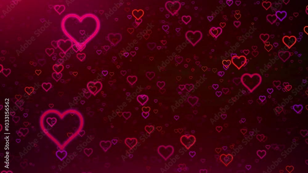 Abstract romantic background with glowing pink and red hearts on a dark burgundy background.