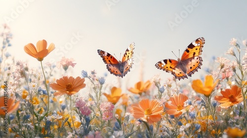 Two butterflies flying over a field of wildflowers in the sunshine.