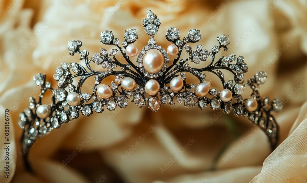 A pearl and diamond tiara on fabric. A pearl and diamond tiara on fabric.