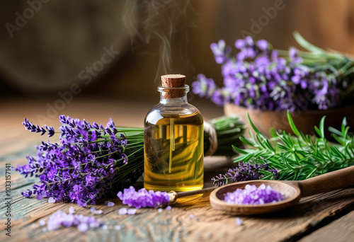 Essential oil is releasing soothing aroma from bottle surrounded by lavender flowers