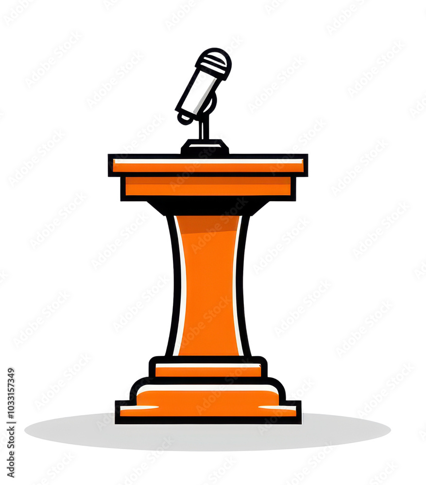 Orange podium with microphone, white background
