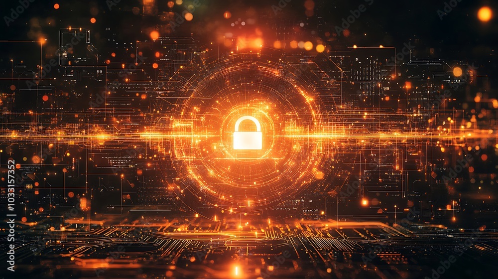 A glowing padlock hovering over a circuit board design, with global data connections branching out. A glowing padlock hovering over a circuit board design, with global data connections branching out.