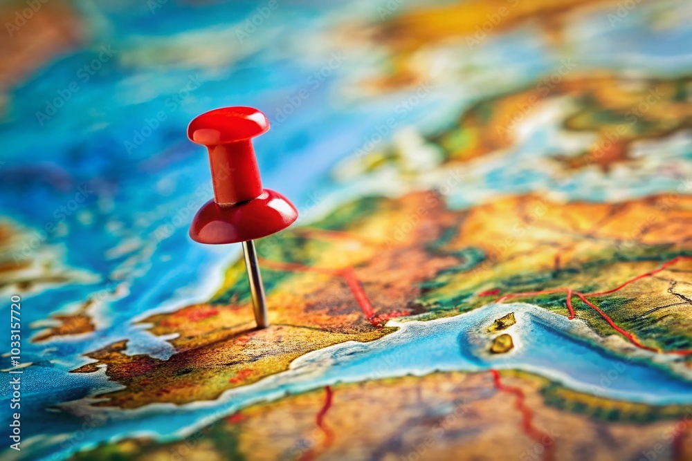 Red Push Pin on a Folded Map - Tilt-Shift Photography Focused on Travel and Navigation Red Push Pin on a Folded Map - Tilt-Shift Photography Focused on Travel and Navigation