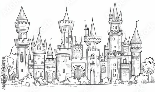 Sketch of a fairytale castle with trees.