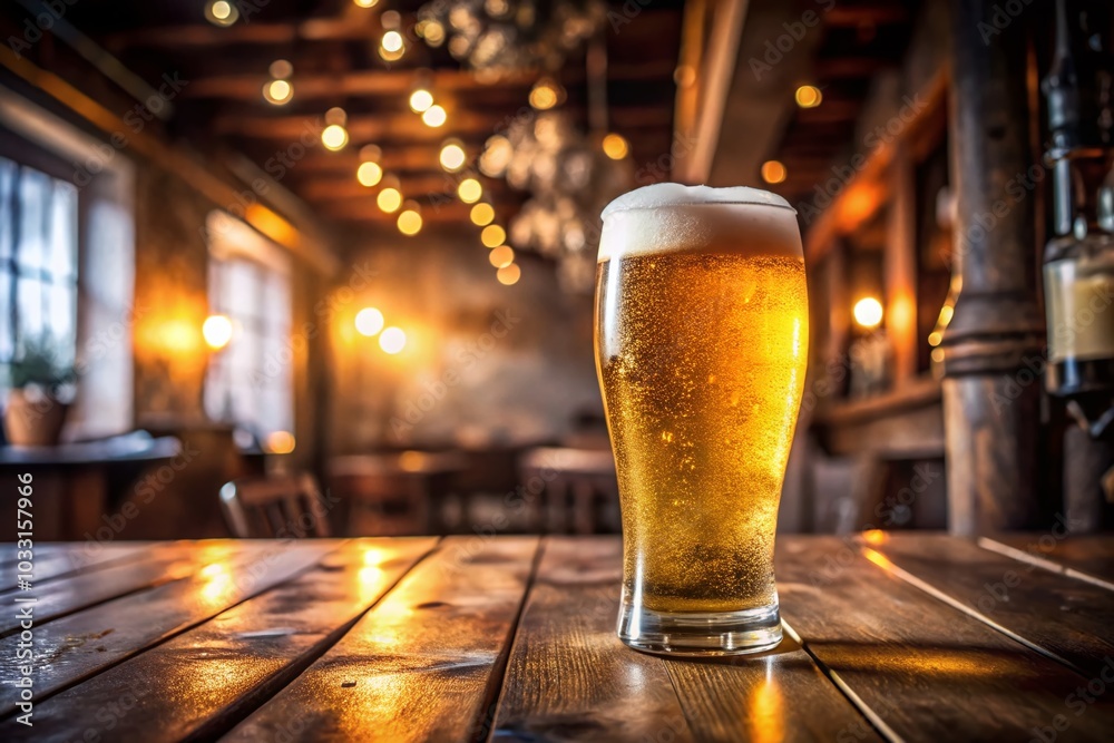 Refreshing Glass of Beer on a Rustic Wooden Table with Bubbles and Foam Refreshing Glass of Beer on a Rustic Wooden Table with Bubbles and Foam