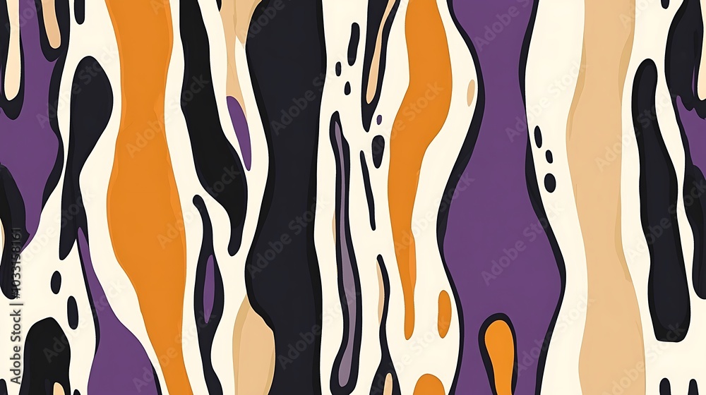 Abstract seamless pattern with wavy lines and organic shapes in purple, orange, black, and cream colors. Abstract seamless pattern with wavy lines and organic shapes in purple, orange, black, and cream colors.