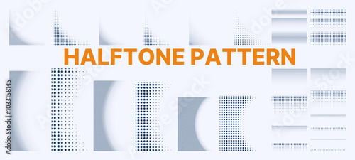 Halftone Pattern black Grunge Polka Dot, Circle, Half-circle, one side, line, middle line Pattern Set. Dot halftone wave pattern abstract background, Grunge halftone dots pattern texture background.