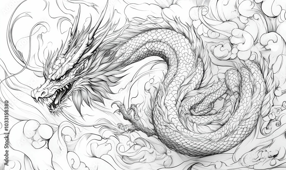A detailed black and white drawing of a dragon.