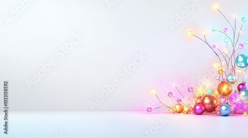 Bright holiday lights in various colors softly glowing, set against a plain background with ample negative space, emphasizing simplicity and warmth.