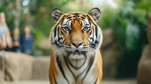 Majestic tiger prowling and pacing within a lush jungle themed enclosure at the zoo as captivated visitors observe the powerful feline in its natural habitat photo