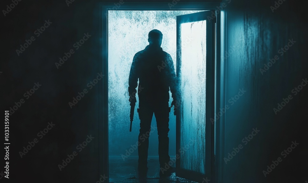 Silhouette of man in doorway holding gun. Silhouette of man in doorway holding gun.