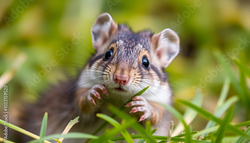 A curious rodent, belonging to the muridae family, gazes up at the camera with its tiny paws resting on a blade of grass, showcasing the diverse world of muroidea wildlife