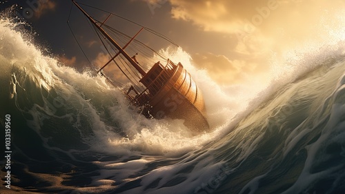 A dramatic scene of a boat navigating through turbulent waters, highlighting the hidden undercurrents beneath the calm surface, with waves and foamy swirls in motion. photo