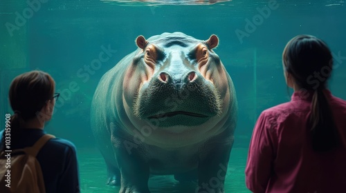 Impressive view of a massive hippopotamus emerging from the water in its zoo habitat surrounded by visitors observing the gigantic size and power of this aquatic animal