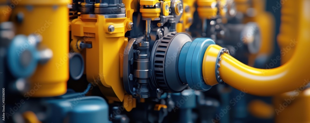 Close-up of a Vibrant Yellow and Blue Industrial Machine Engine Components Close-up of a Vibrant Yellow and Blue Industrial Machine Engine Components