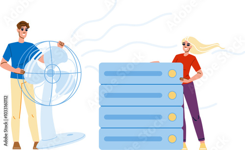 airflow server room cooling vector. temperature humidity, ventilation efficiency, fans ducts airflow server room cooling character. people flat cartoon illustration